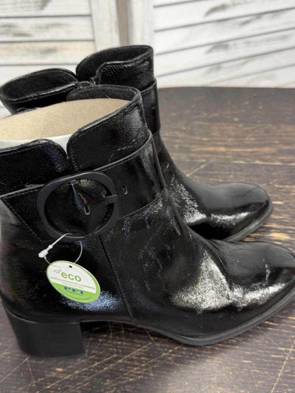 Paul Green Panache Black Crinkle Patent Leather Waterproof Ankle Boots Size 9.5